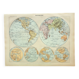 Antique engraving 1898, World map, map, globe, plane • Lithograph, original illustration
