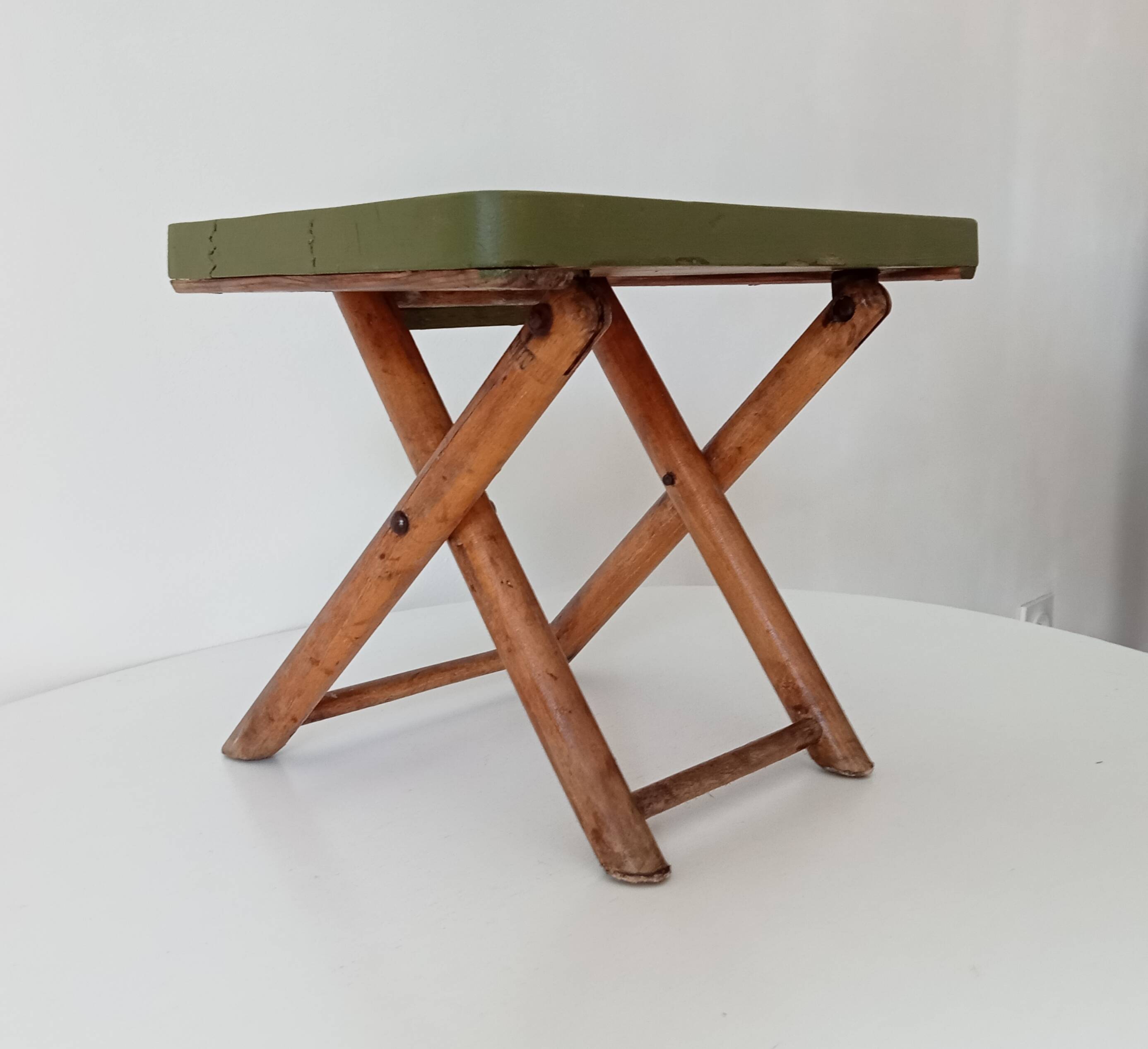 Vintage folding stool in wood and bamboo