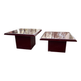 Paire de tables basses vintage en laque bordeaux signées David Lange