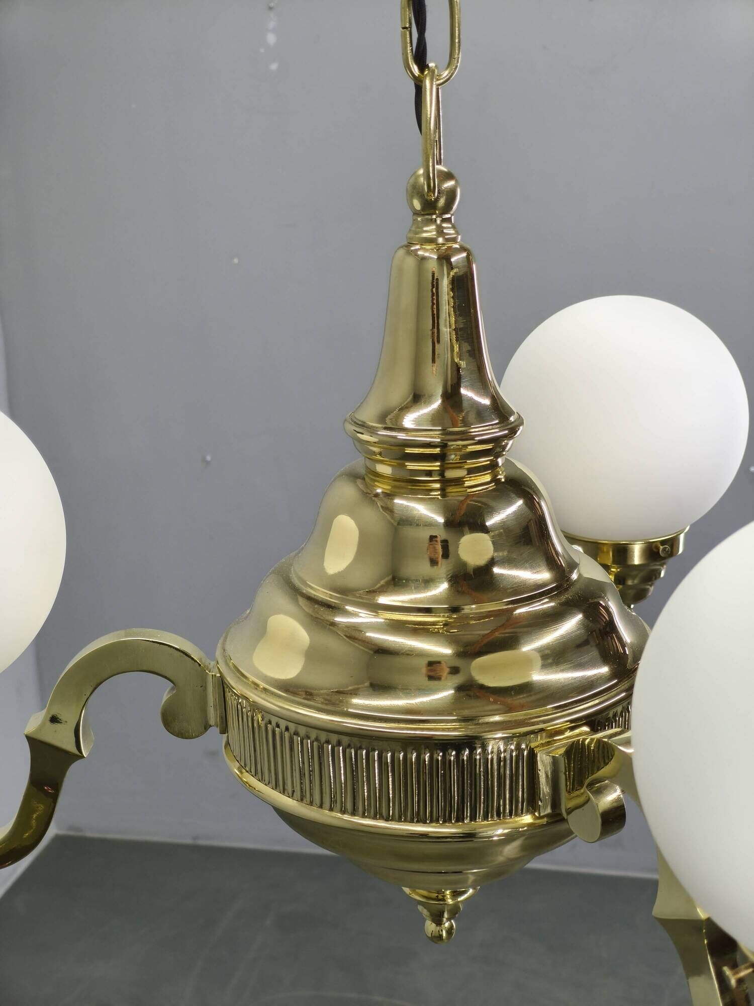 1930s Czech Neo-Baroque Brass Chandelier with Opaline Glass Globes
