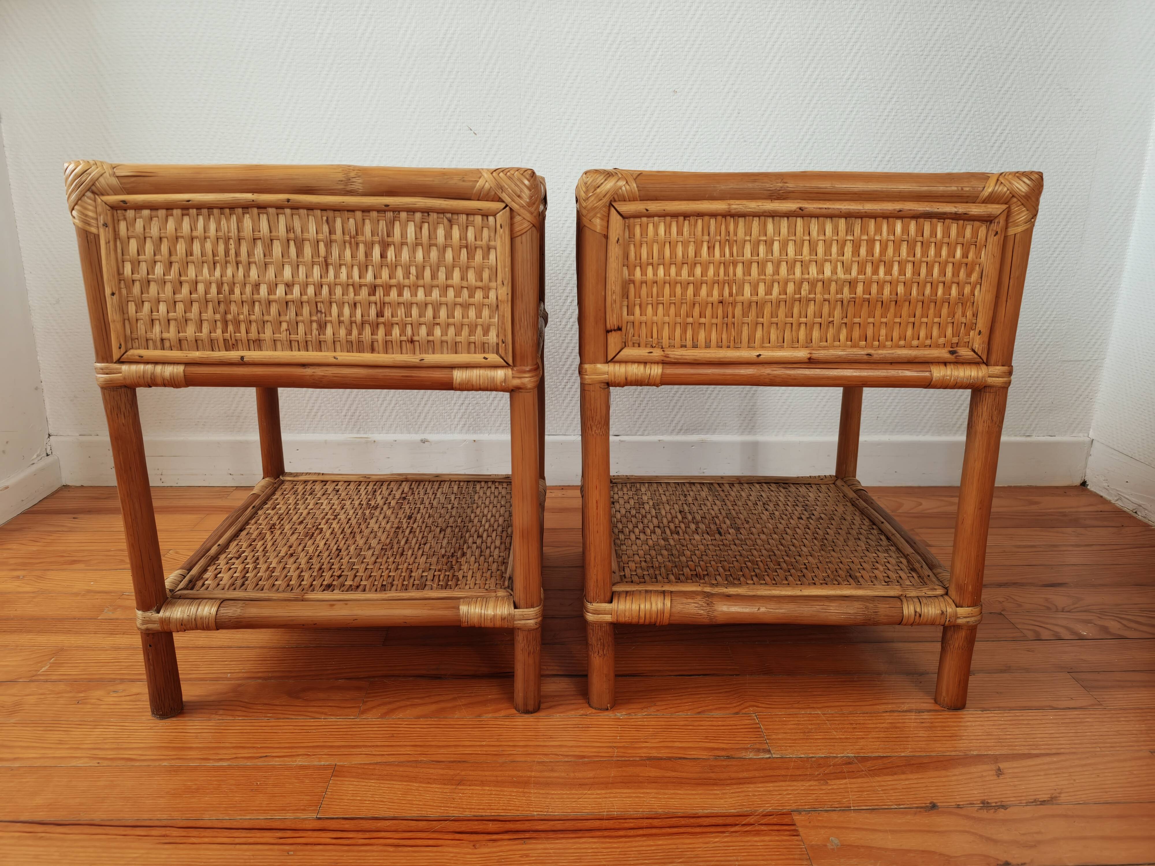 Pair of bedside tables in rattan and wicker - circa 1970