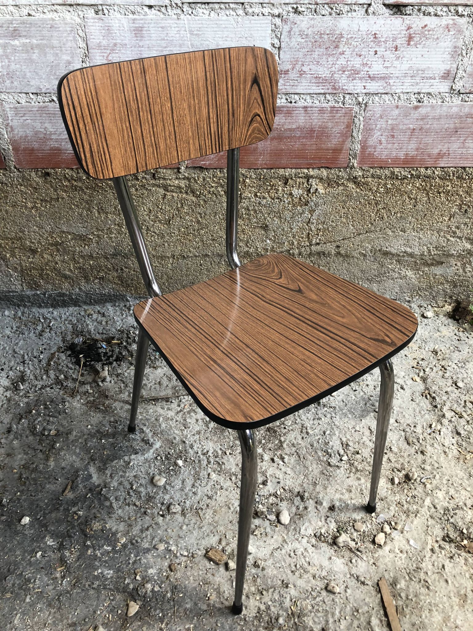 Old chair kitchen formica brown wood + feet compass metal chrome vintage