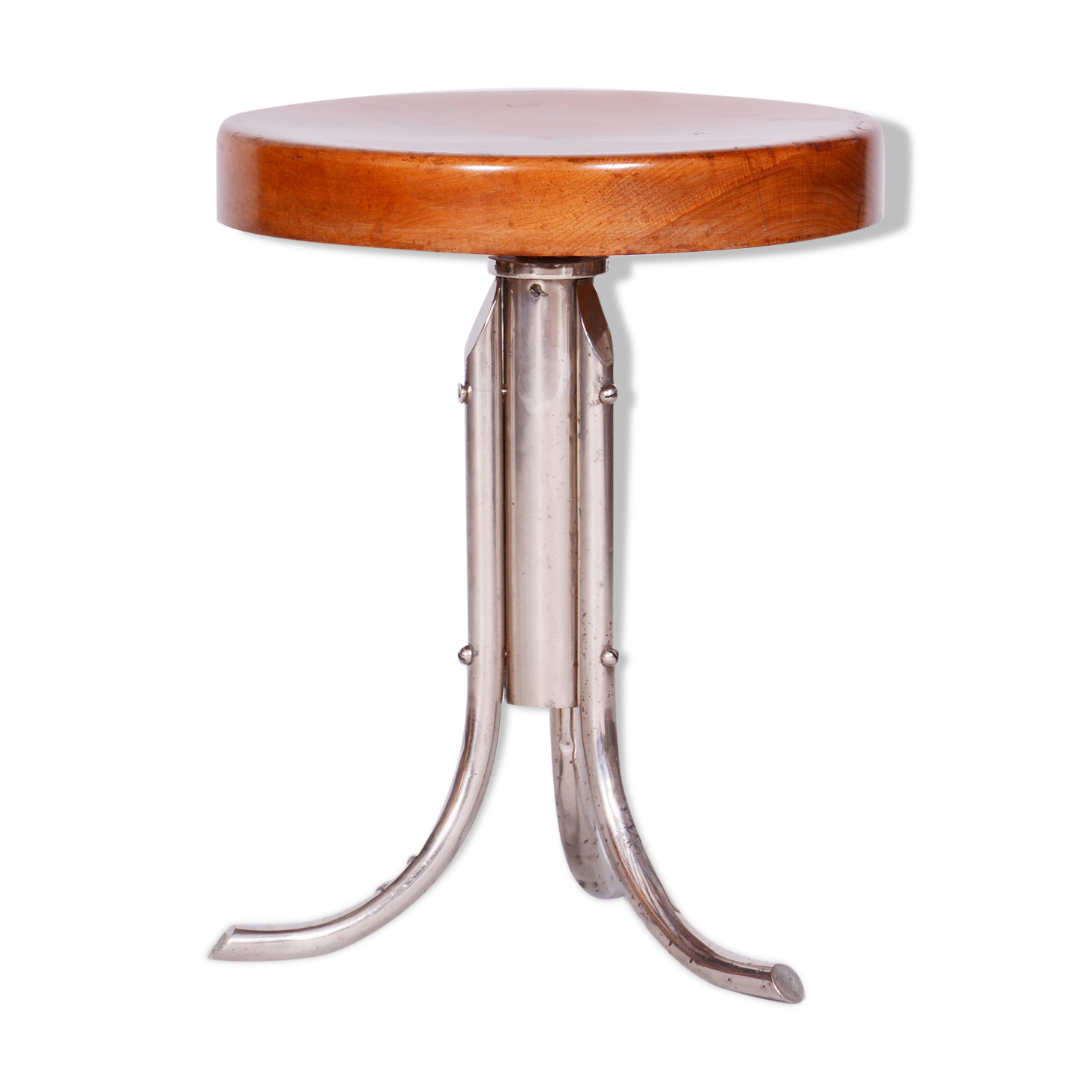 Restored Bauhaus Stool, Mücke Melder, Beech, Chrome-Plated Steel, Czechia, 1930s