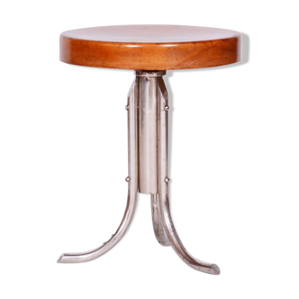 Restored Bauhaus Stool, Mücke Melder, Beech, Chrome-Plated Steel, Czechia, 1930s