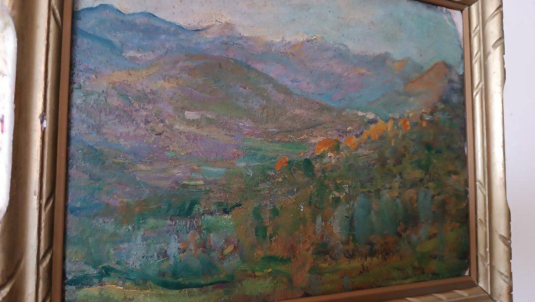 Peinture à l'huile de paysage impressionniste sur carton du début des années
