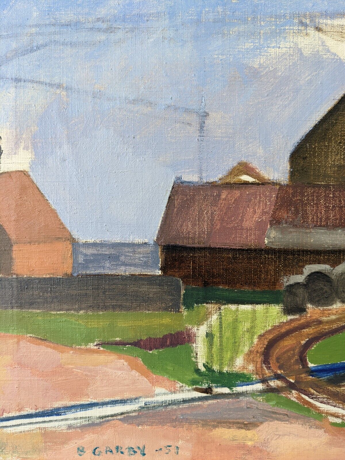 1951 Mid-Century Modern Swedish "Suburban Serenade" Vintage Landscape Oil Painting, Framed