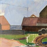 Peinture à l’huile de paysage vintage suédoise moderne du milieu du siècle « Suburban Serenade », encadrée, 1951
