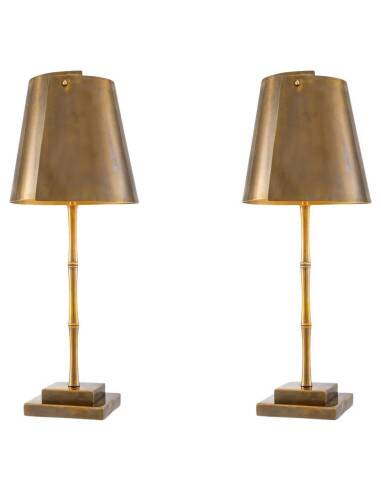 Pair of patinated brass table lamps with bamboo decoration.