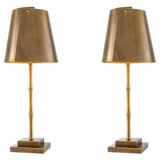 Pair of patinated brass table lamps with bamboo decoration.