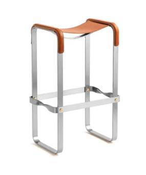 Contemporary Minimalist Bar Stool in Aged Silver Metal and Navy Blue Leather