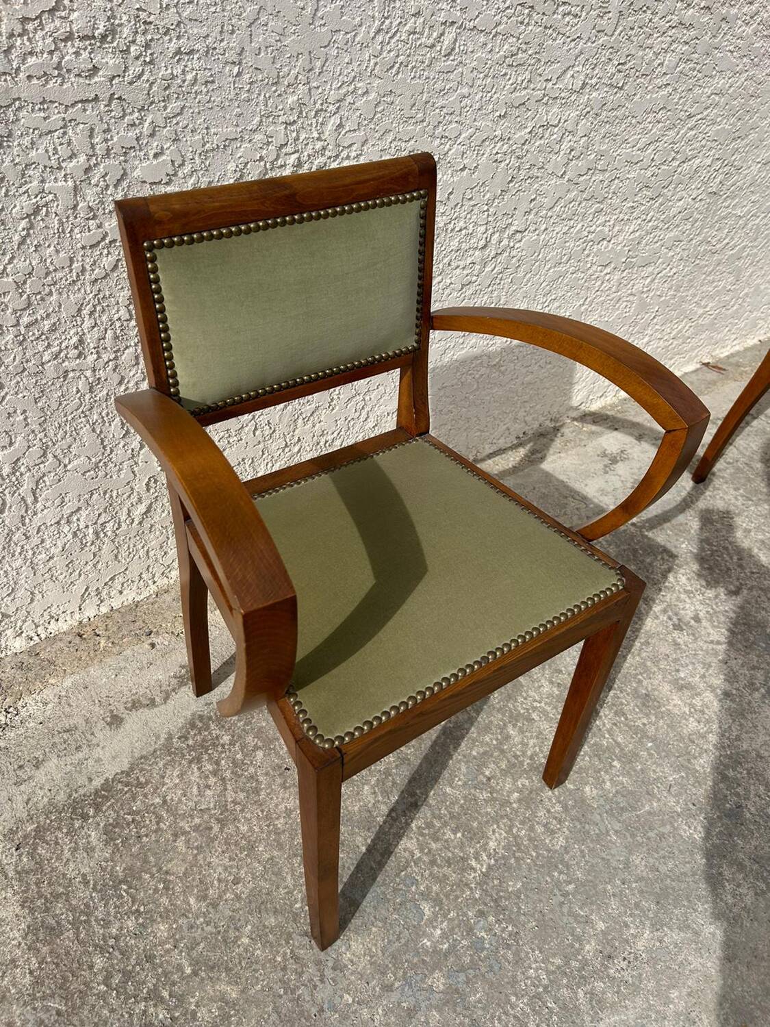 Pair of green velvet bridge armchairs