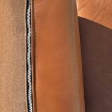 2 armchairs and 1 ottoman in brushed aluminium and brown leather, France 1970