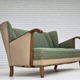 Canapé danois 3 places des années 1950, tissu en laine d'ameublement vert/beige, bois de chêne.
