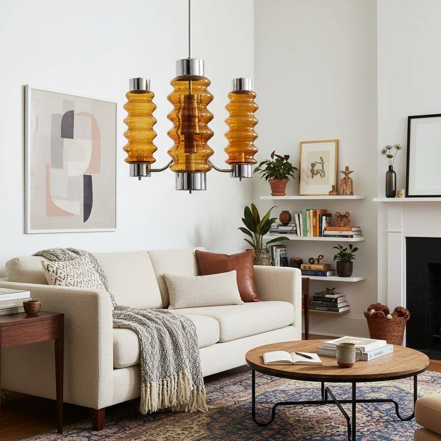 Mid Century Modern large chandelier with amber glass