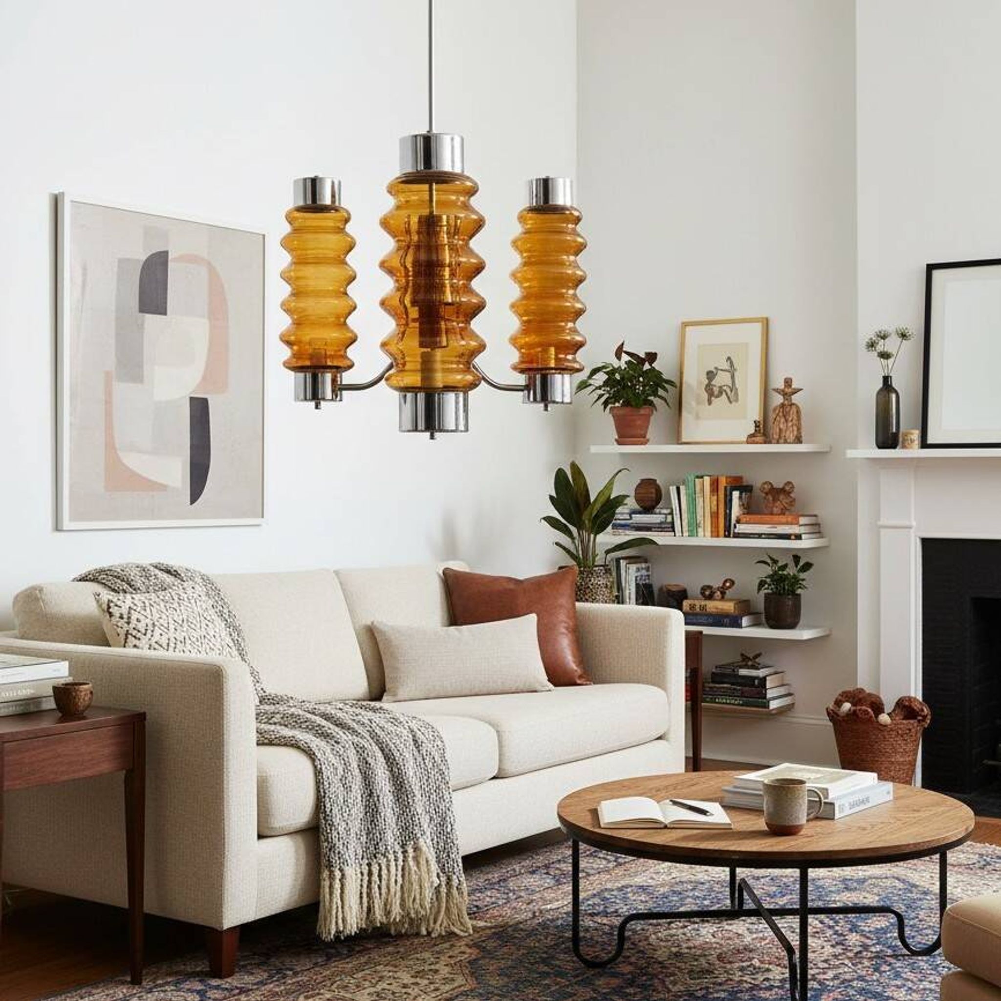 Mid Century Modern large chandelier with amber glass