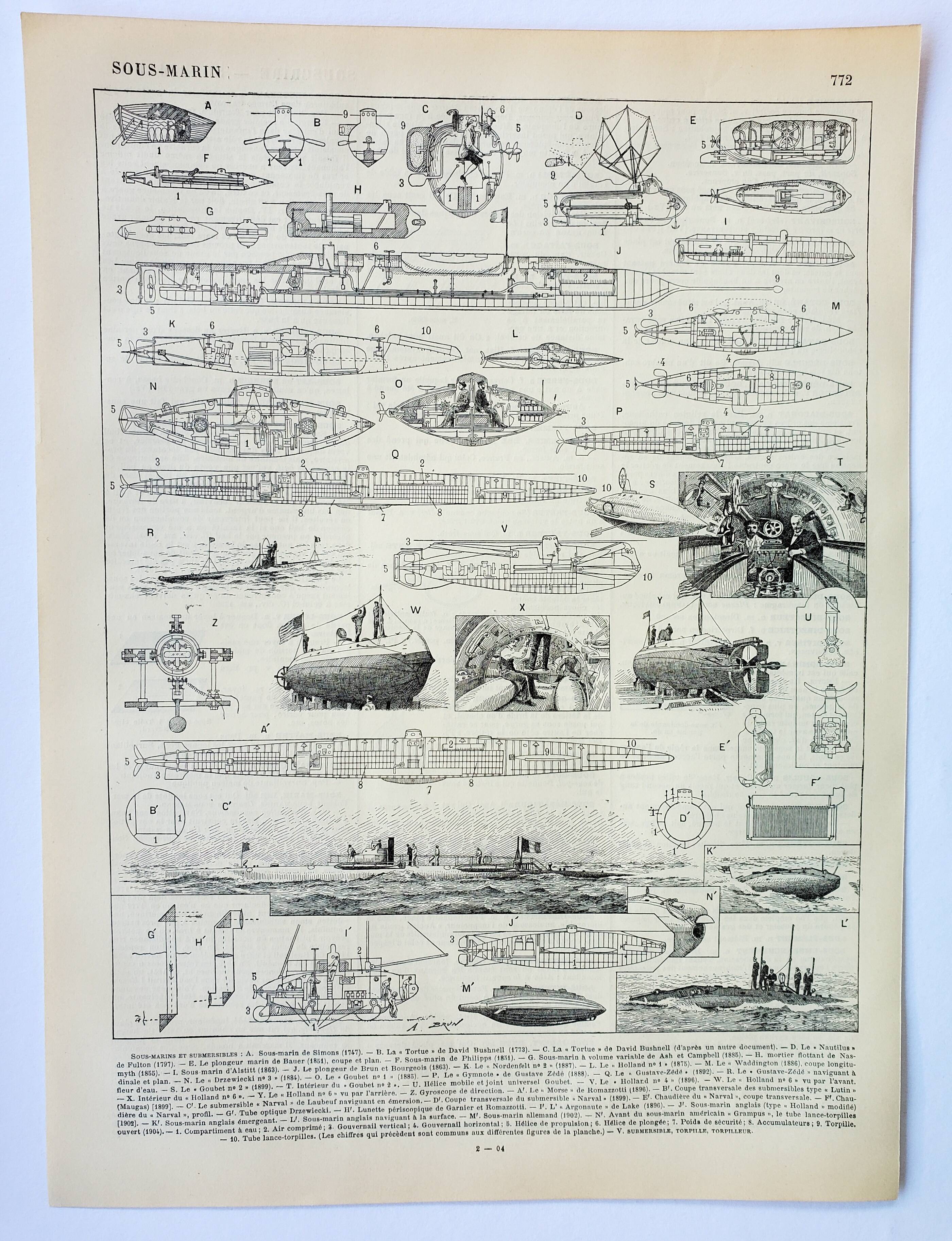 Gravure ancienne 1898, Sous-marin, submersible, marine • Lithographie, Planche originale