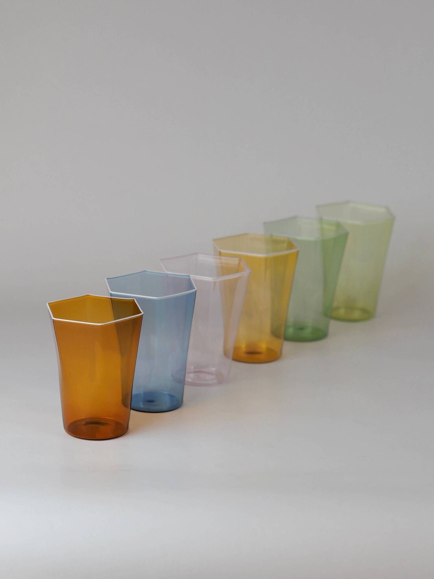 Set of six hexagonal Murano glass glasses handmade by Carlo Scarpa.
