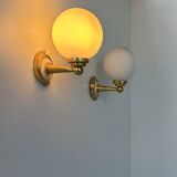 Pair of vintage wall lights, brass and opaline, France, 1980