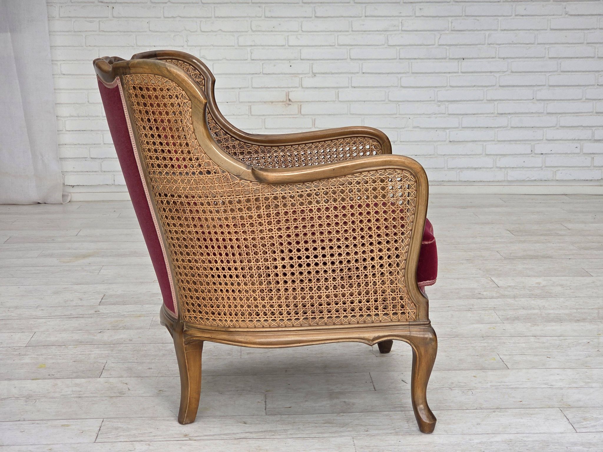 1950s, Danish armchair, furniture velour, ash wood,, mesh.