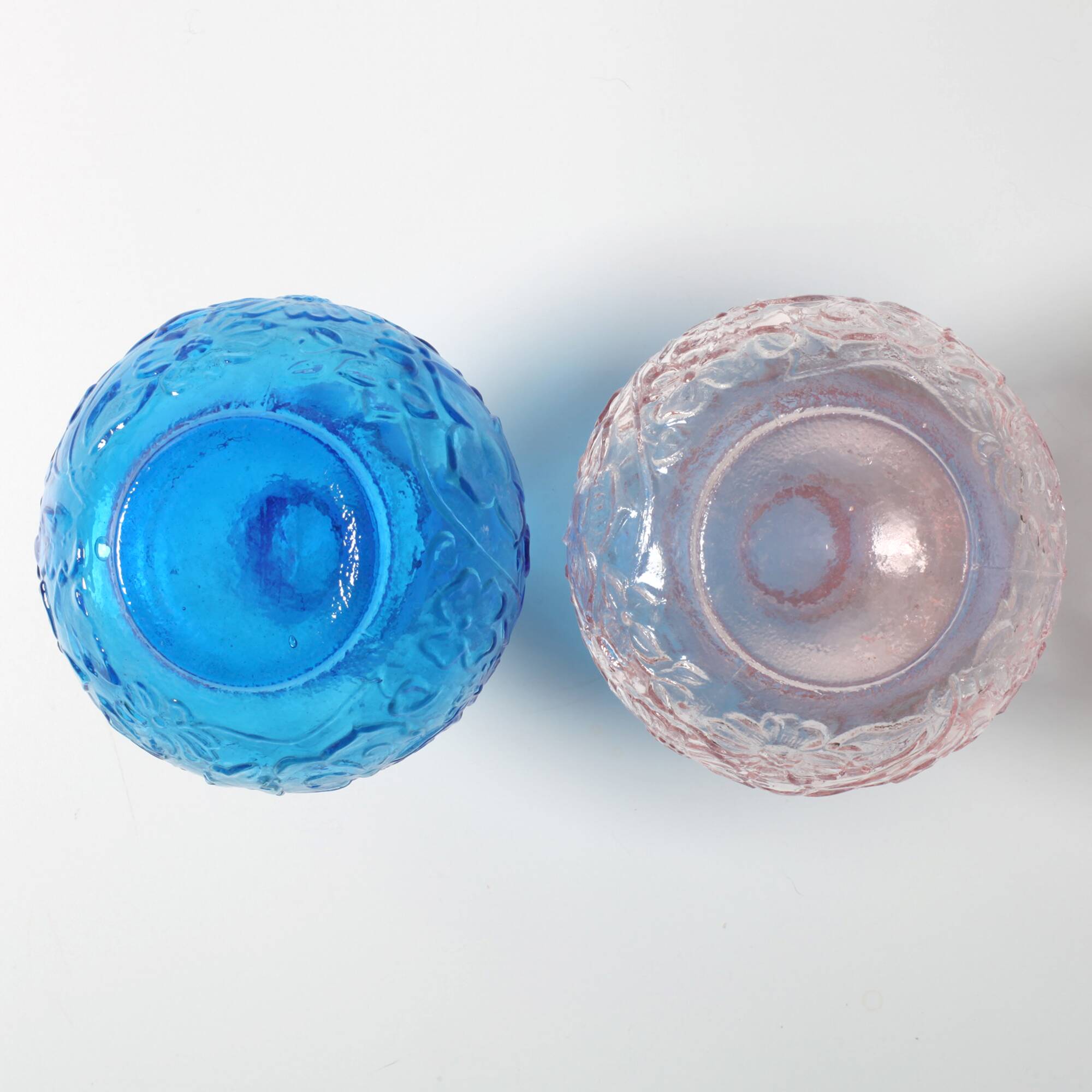 Set of 2 Vintage Small Blue and PinkGlass Vases with Flowers Pattern, Italy