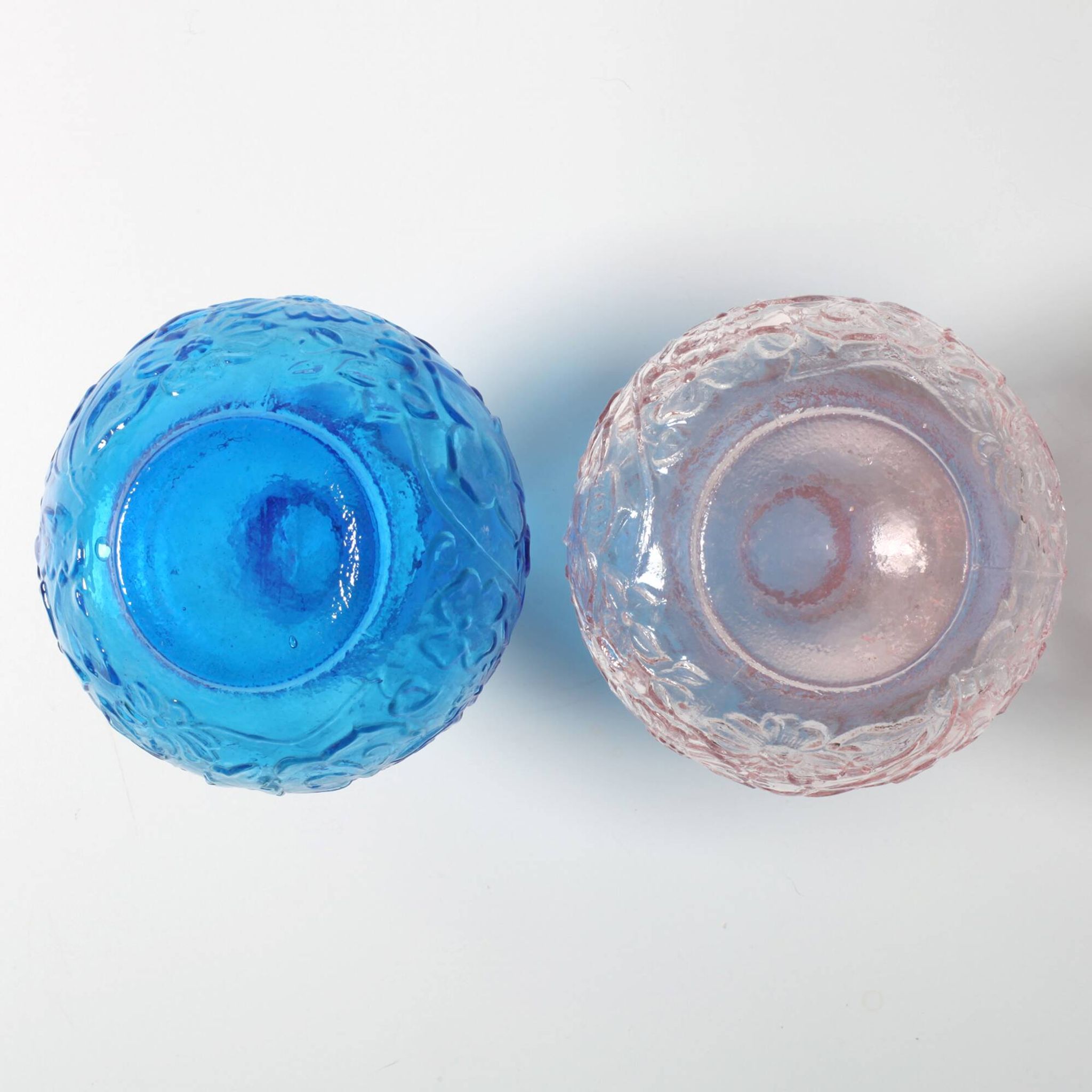 Set of 2 Vintage Small Blue and PinkGlass Vases with Flowers Pattern, Italy