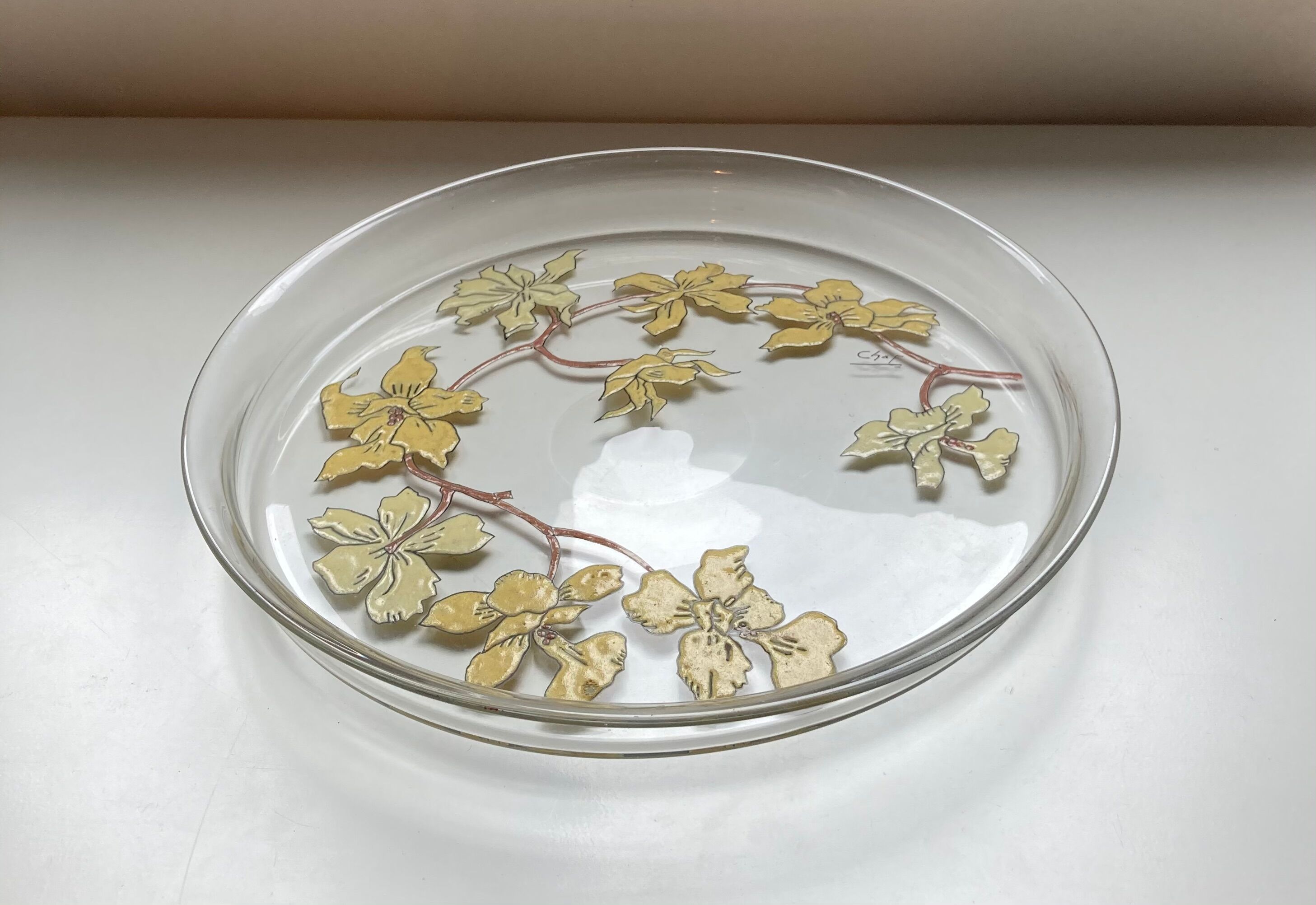 Former Art Nouveau Floral enamel glass flat tray signed Chaf Nancy School