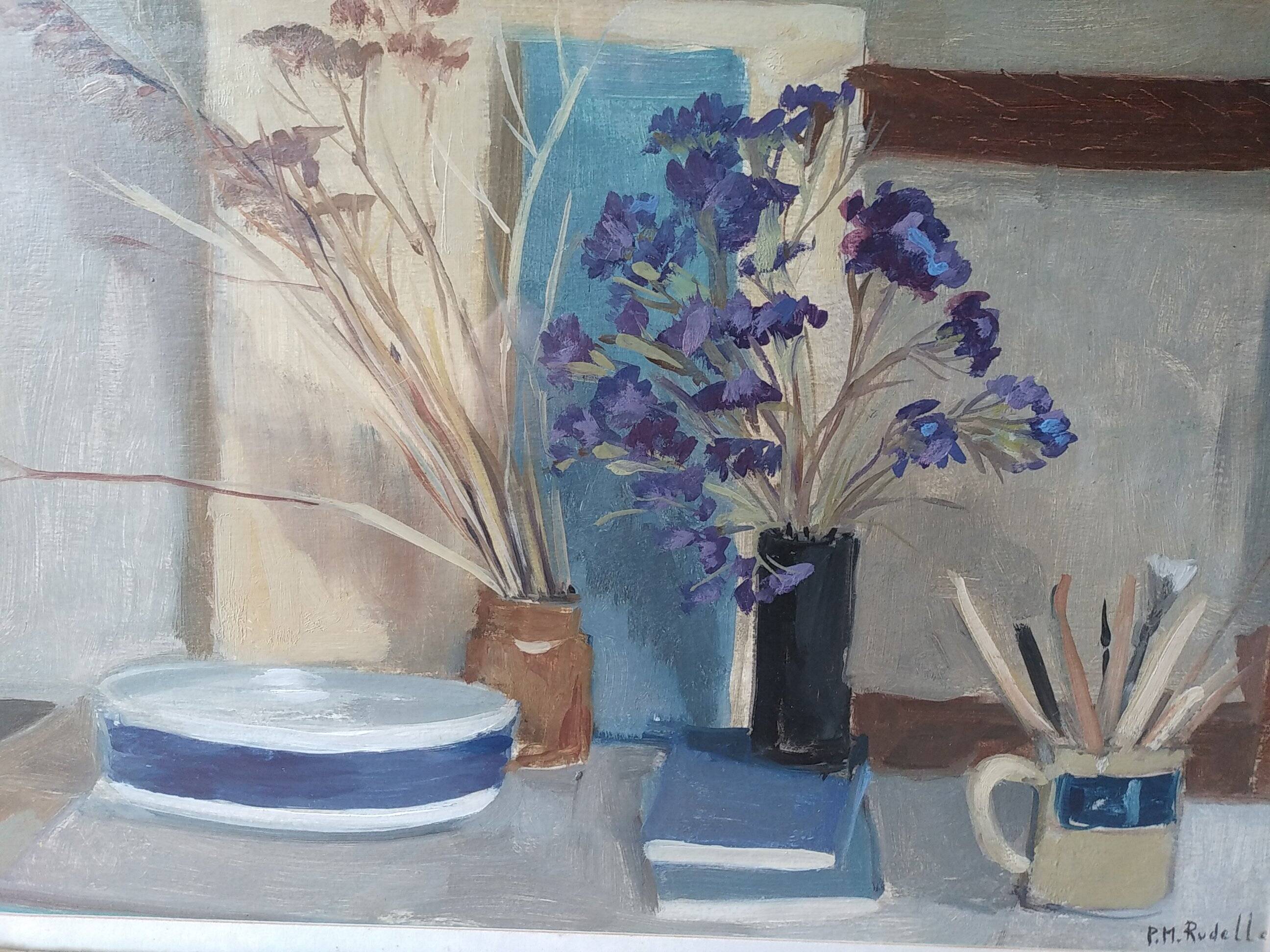 Pierre Marie Rudelle. Blue still life. Oil on cardboard.