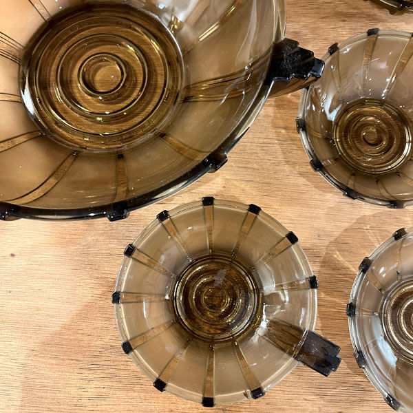 Service à dessert Art Déco en verre, 1 coupe et 7 coupelles
