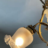 Ancien lustre cage en bronze et 4 feux tulipe