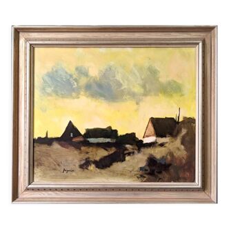 Mid-Century Modern Swedish "Yellow Skies" Vintage Landscape Oil Painting, Framed