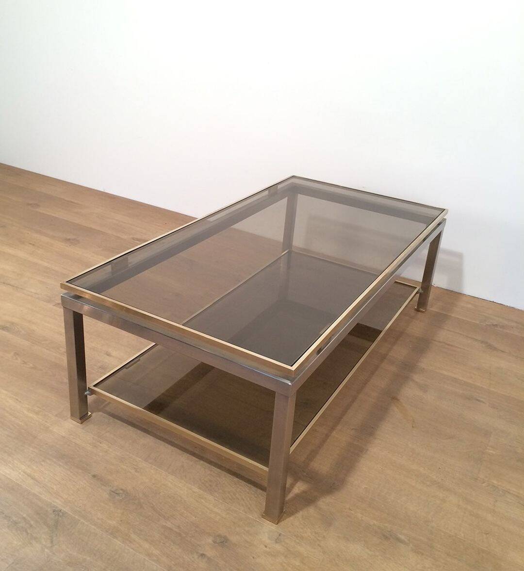Coffee Table with Double Top in Brushed Steel and Brass, Guy Lefèvre for Ma