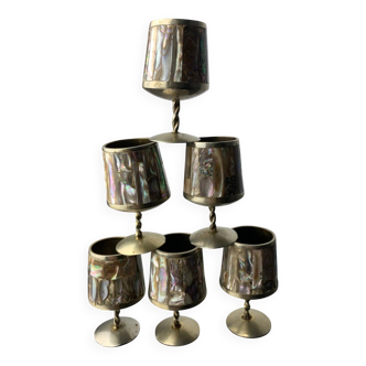 Abalone shell & alpaca shot glasses, set of 6, Mexico, 1970s
