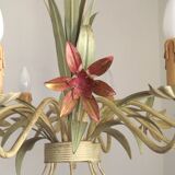Italian vintage metal chandelier with 8 lights, Mathias bouquet, pink flowers.