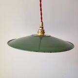 Trio of enameled sheet metal pendant lights