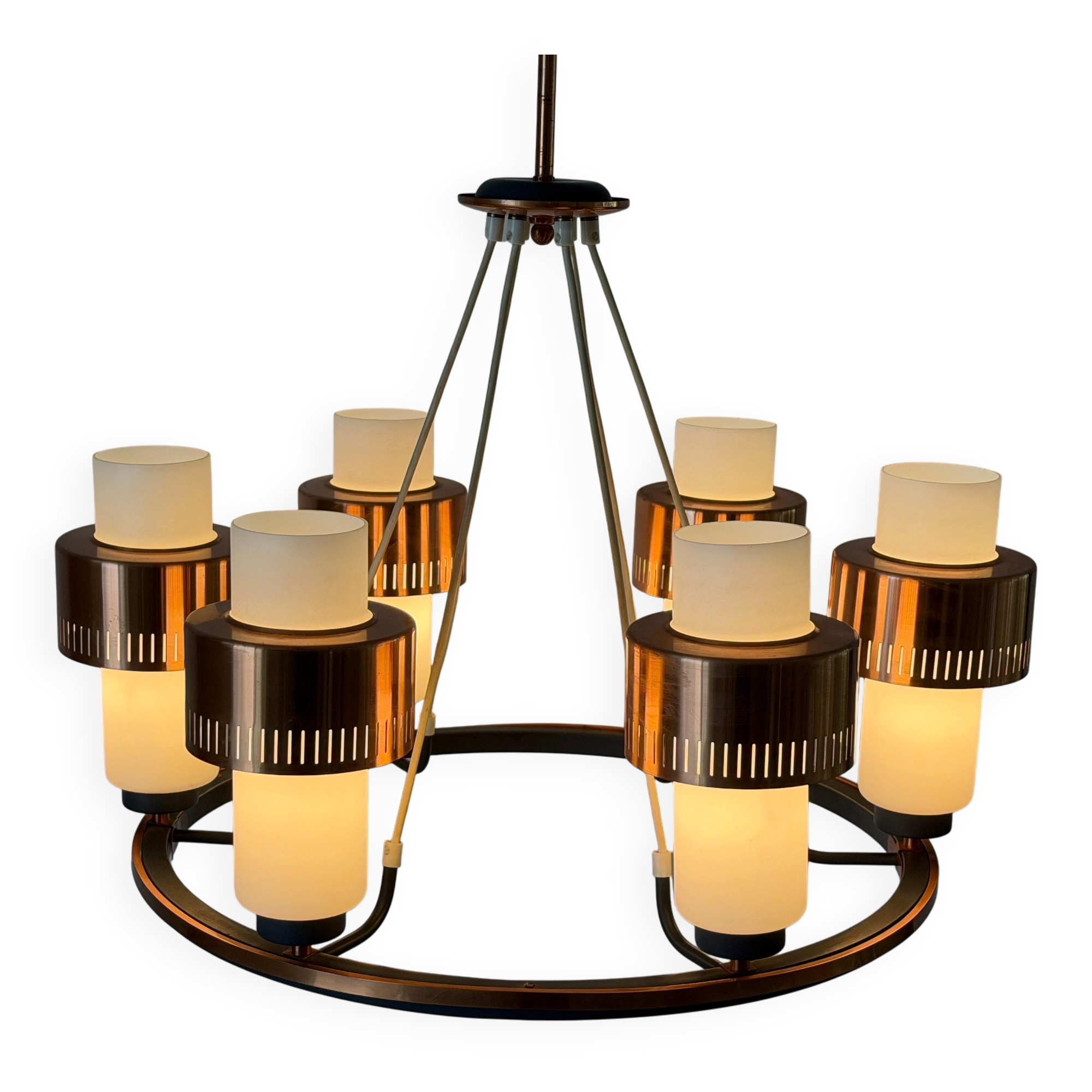 Large ceiling light with 6 arms in copper metal and glass, 1960s, Germany