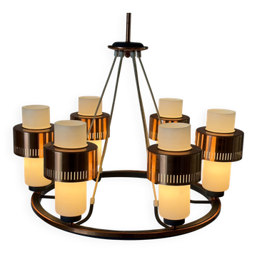 Suspension à 6 bras en métal cuivré et verre, années 1960, Allemagne
