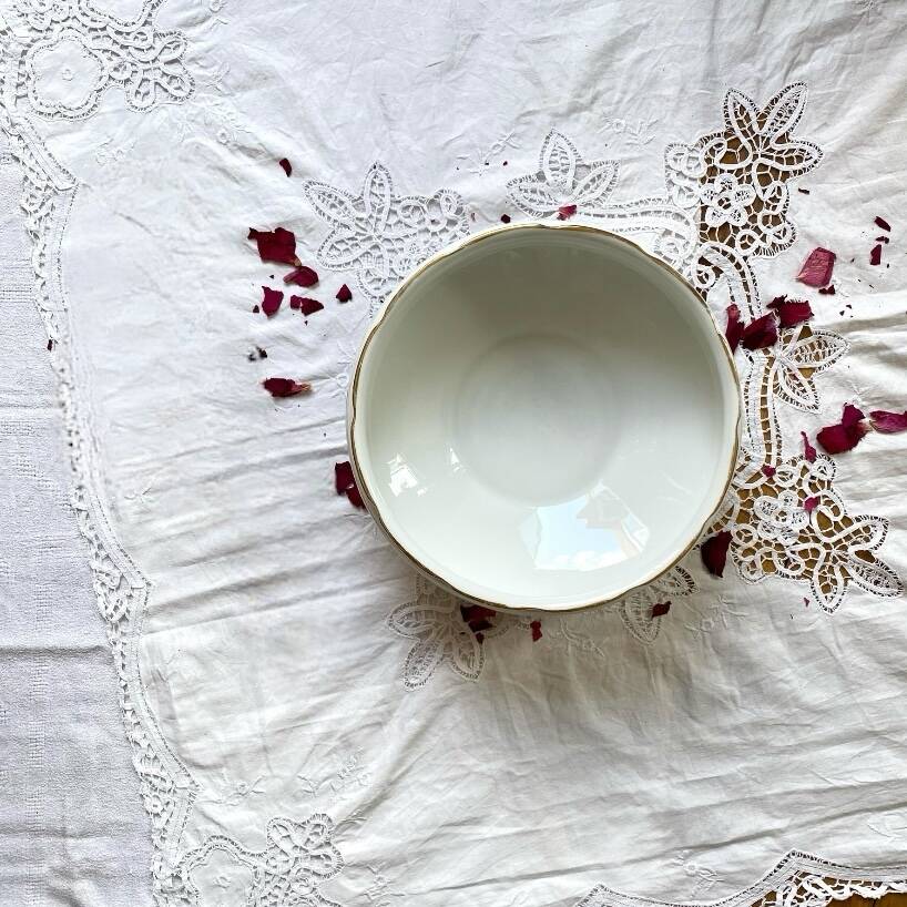 Salad bowl with gilding, vintage Sologne Lamotte porcelain