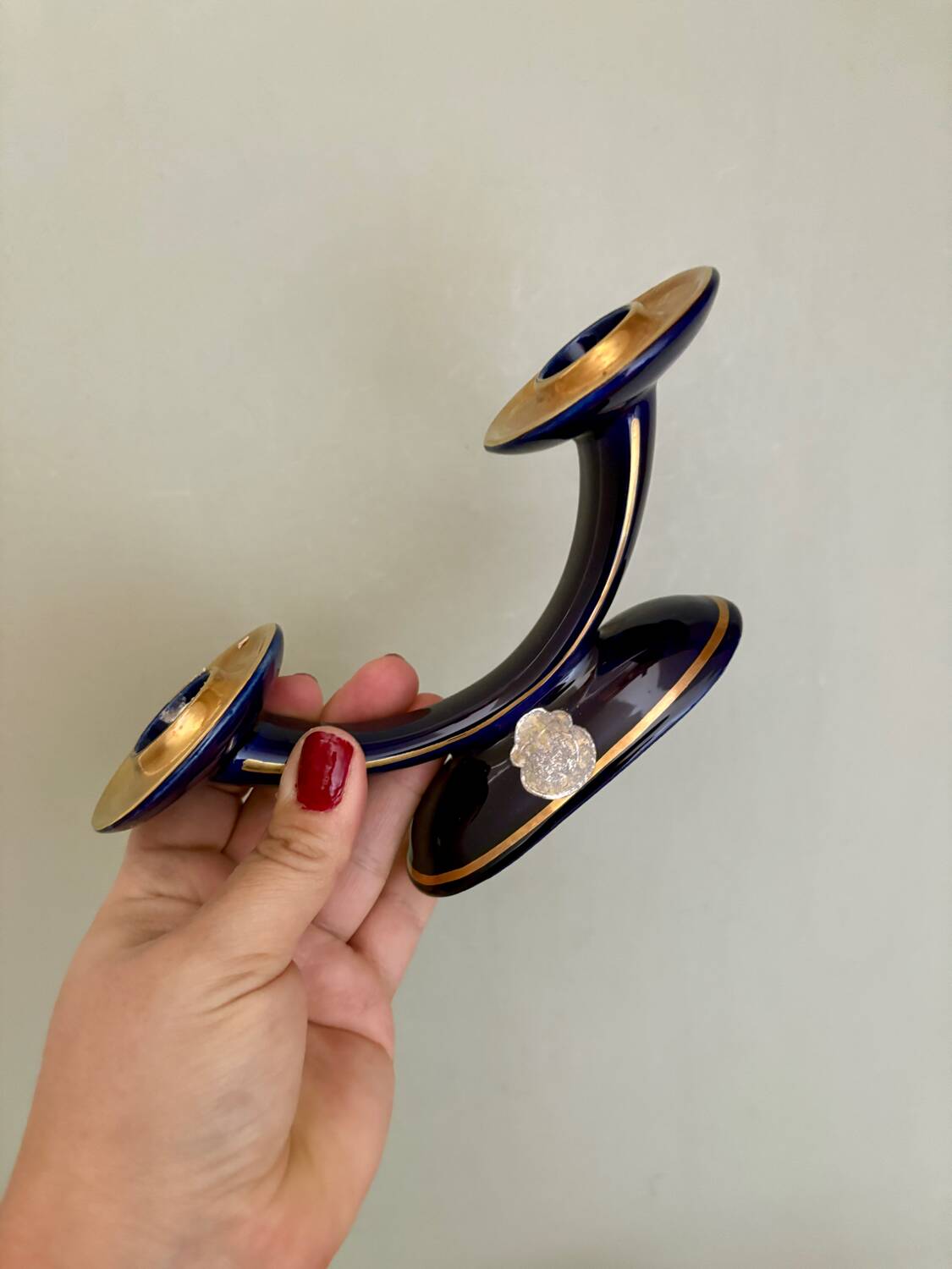 Set of 2 vintage blue and gold ceramic candle holders