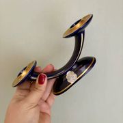 Set of 2 vintage blue and gold ceramic candle holders