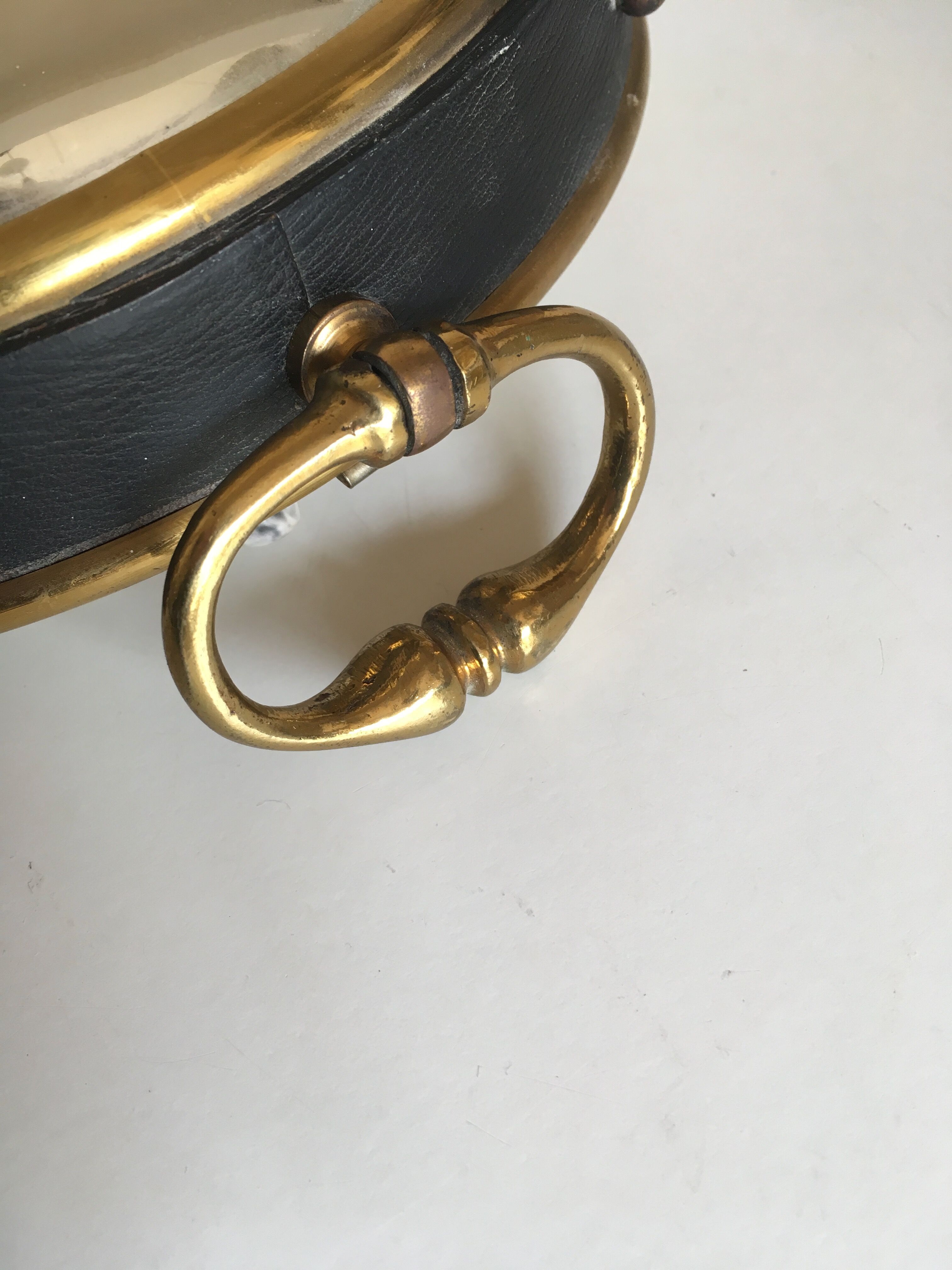 Leather and brass bulging witch mirror 1970 21cm