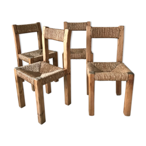 Suite de 4 chaises en pin massif et paille, Années 50.