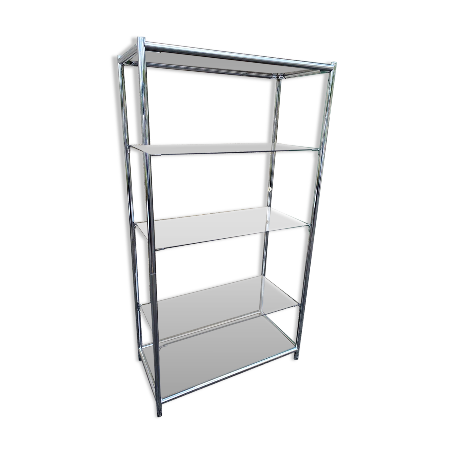 Vintage 1970s Rectangular Chrome High Shelf with 5 Smoked Glass Shelves
