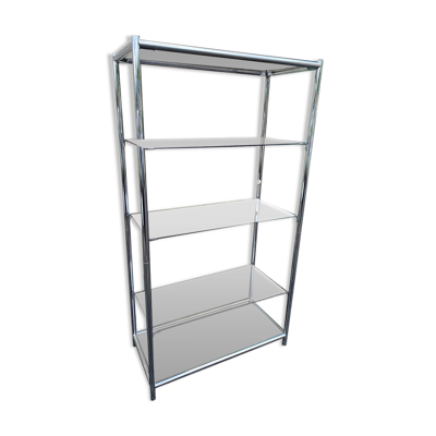 Etagere haute rectangulaire chromee vintage 1970 5 plateaux verre fume