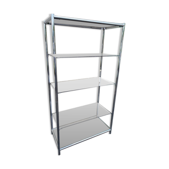 Vintage 1970s Rectangular Chrome High Shelf with 5 Smoked Glass Shelves