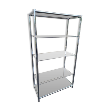 Vintage 1970s Rectangular Chrome High Shelf with 5 Smoked Glass Shelves