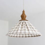 "Olga" pleated pendant light in beige checked fabric and turned wood finish