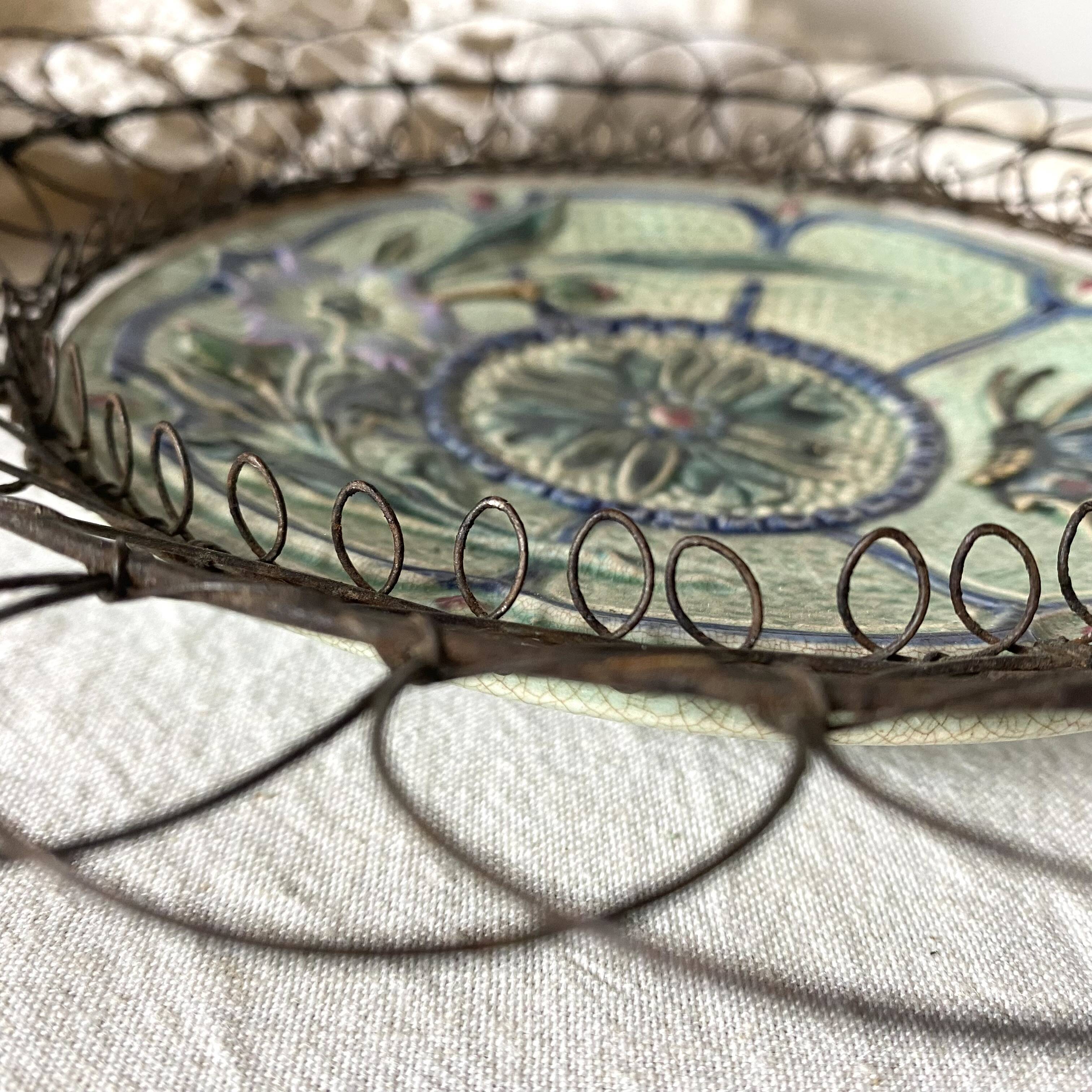 Antique barbotine and wire dish, 19th century