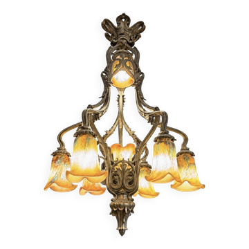 Large 8-light bronze chandelier, Art Nouveau, Nancy School – Around 1900