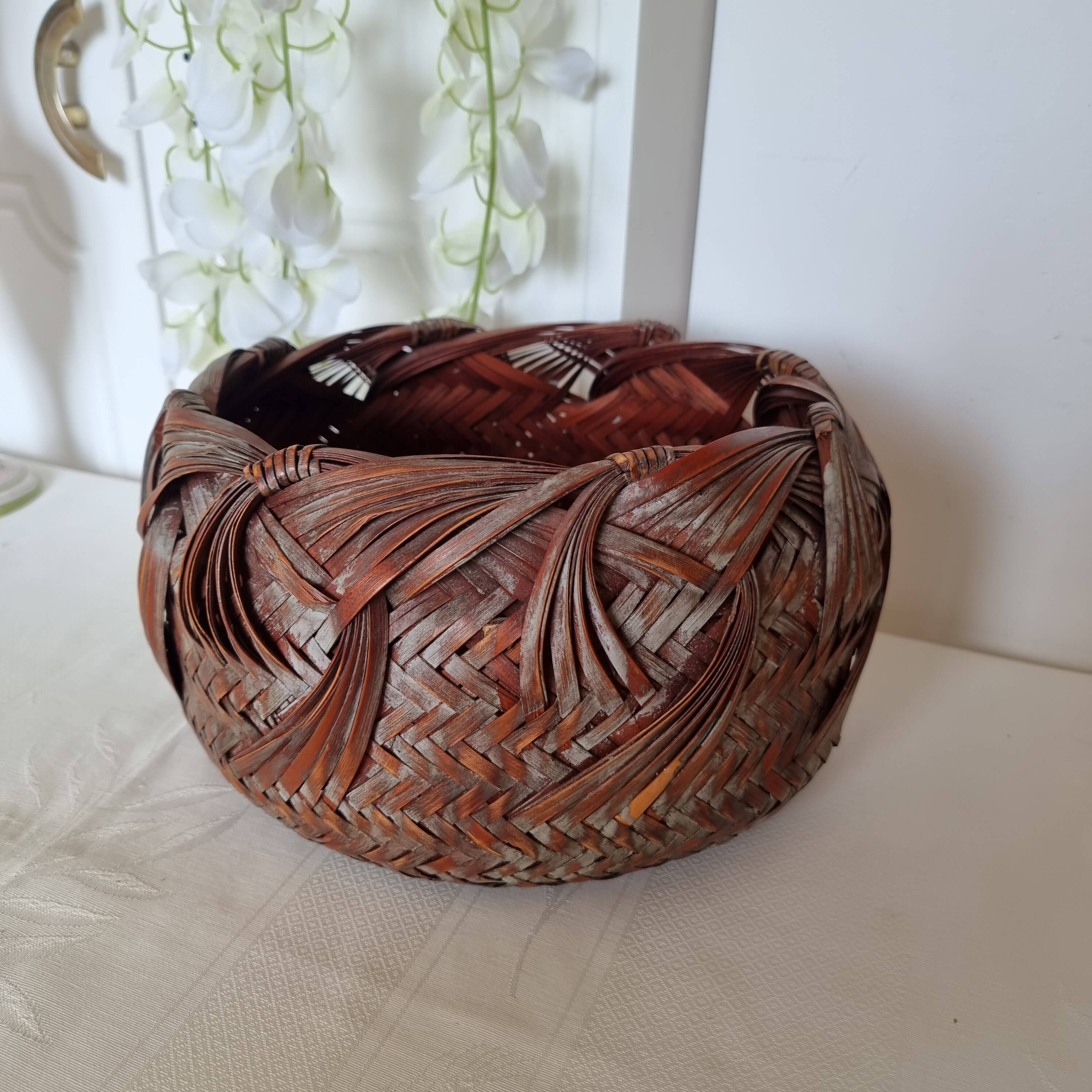 Vintage Japanese Ikebana basket made of smoked bamboo in natural