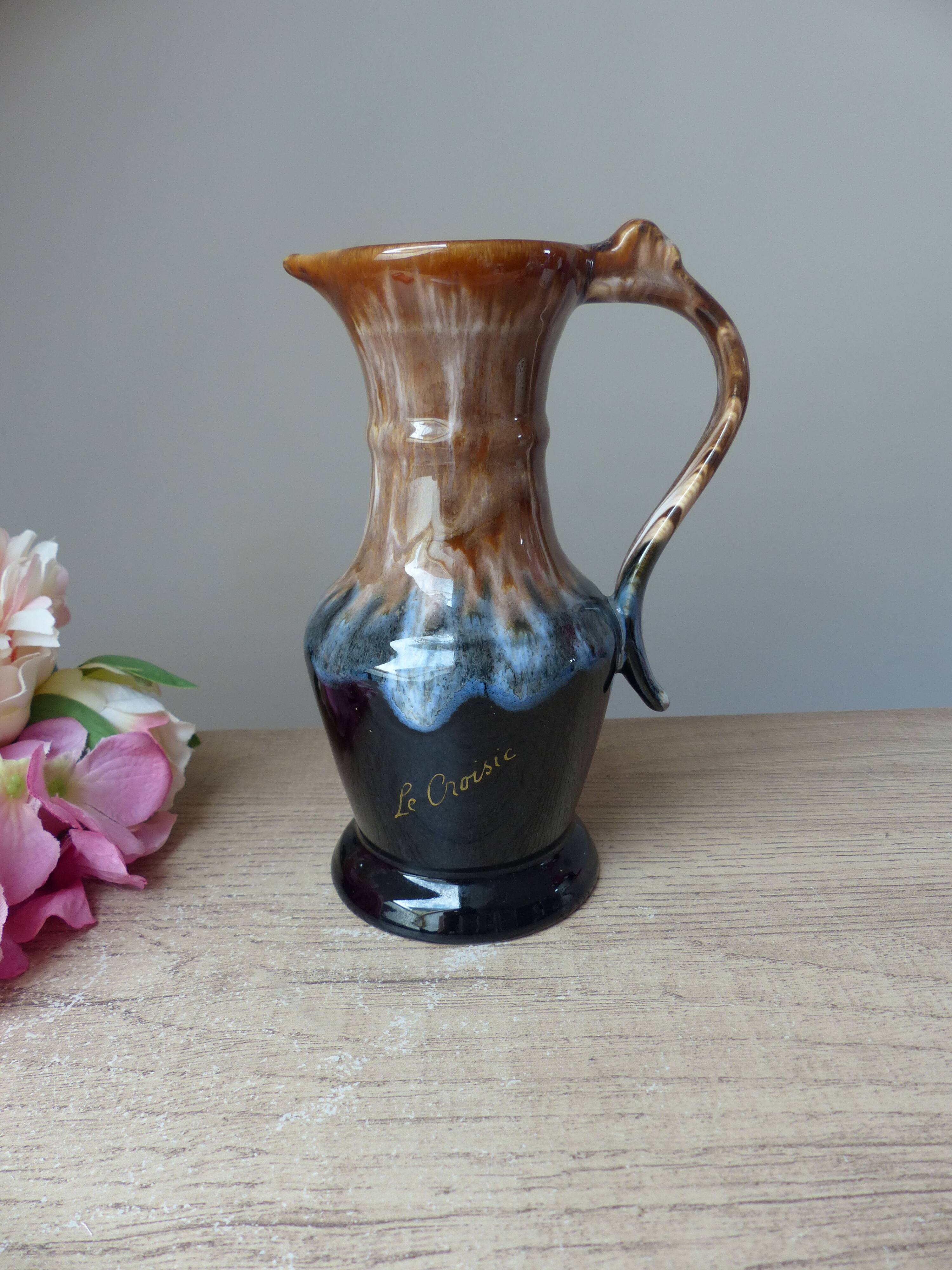 Old wine pitcher carafe in brown and blue flamed stoneware vintage 1960